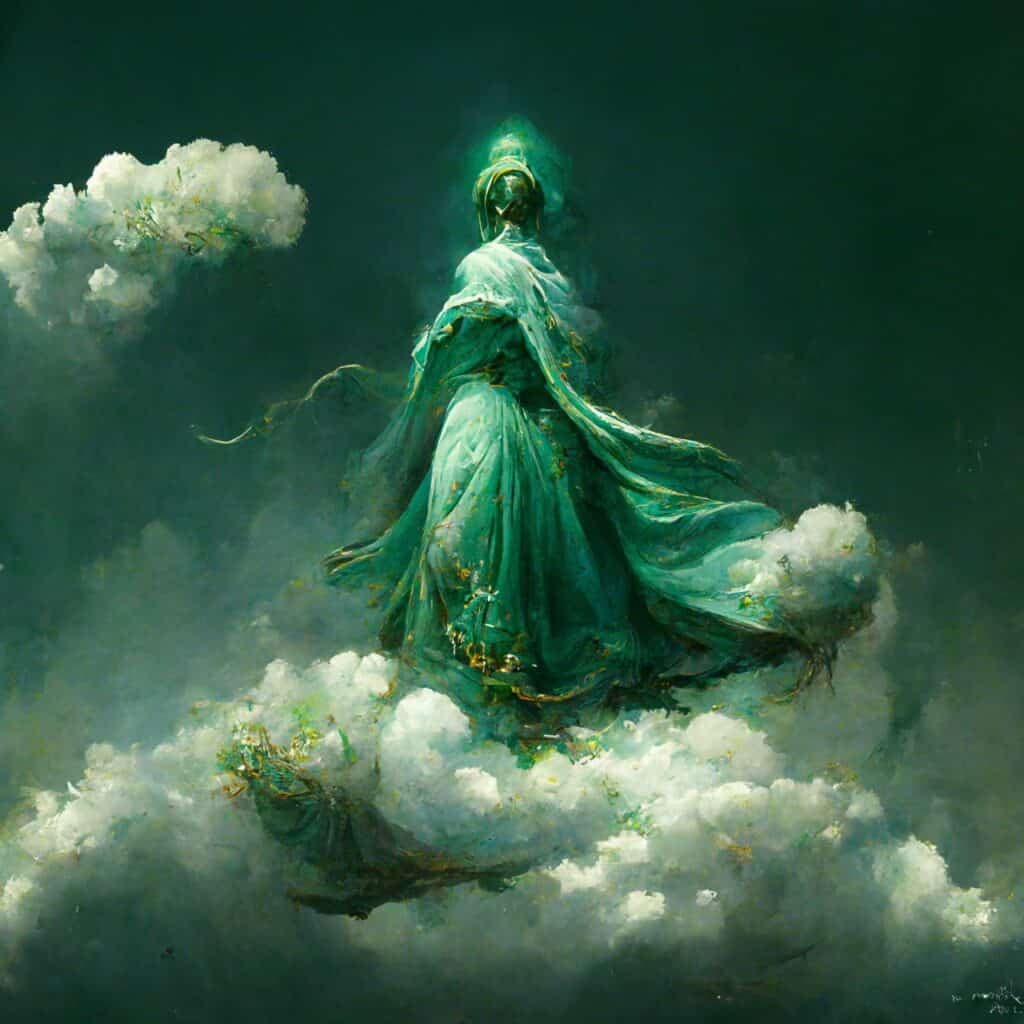 ||A fair skinned woman with her ahir in a wispy updo adn a blue and gold robe looks directly at the camera.|||