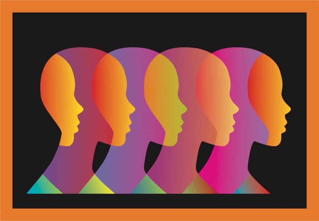 A profile of a human figure overlaps across the image horizontally. The figures are various shades of yellow