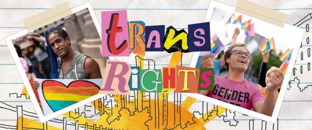 Rays of Trans Hope|A collage of trans people is covered by colorful letters that read "trans rights" above a shining sun.